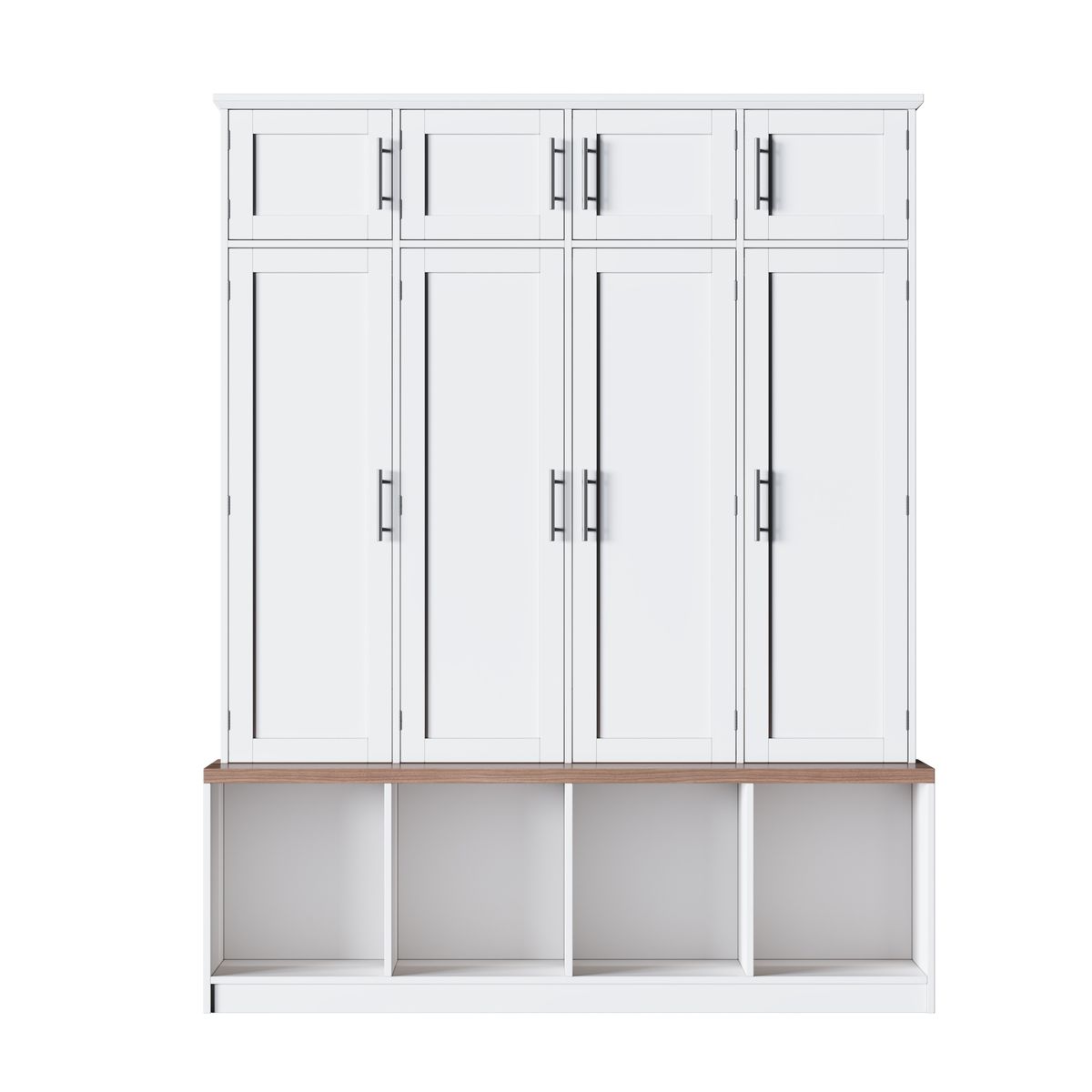 [Assembly Video Provided] Farmhouse Hall Tree with 4 Hidden Hanging Hooks, Versatile Walnut Seating Bench with 8 Doors, Entryway Shoe Cabinet with Open Compartments for Living Room, White