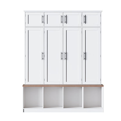 [Assembly Video Provided] Farmhouse Hall Tree with 4 Hidden Hanging Hooks, Versatile Walnut Seating Bench with 8 Doors, Entryway Shoe Cabinet with Open Compartments for Living Room, White