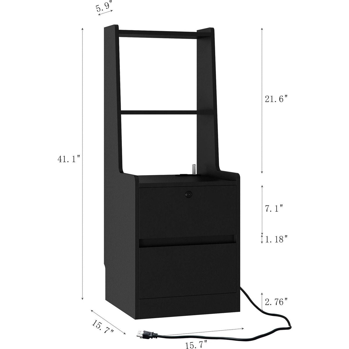 Nightstand with Charging Station, Smart Nightstand with Night Light, Modern Night Stand with Bookshelf, Bedside Tables with Storage Cabinet for Bedroom, Black