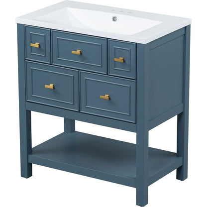 30" Bathroom Vanity with Resin Sink Combo, Free Standing Single Vanity Set with 5 Drawers, Solid Wood Frame Bathroom Storage Cabinet, Blue