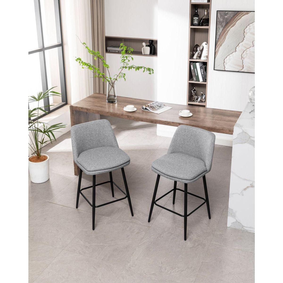Counter Height Swivel Bar Stools Set of 2, 360 Swivel Upholstered Barstools with Back and Metal Legs, 25.6" Seat Height,Counter Stools for Kitchen Island and Pub,Linen Cloth,Grey