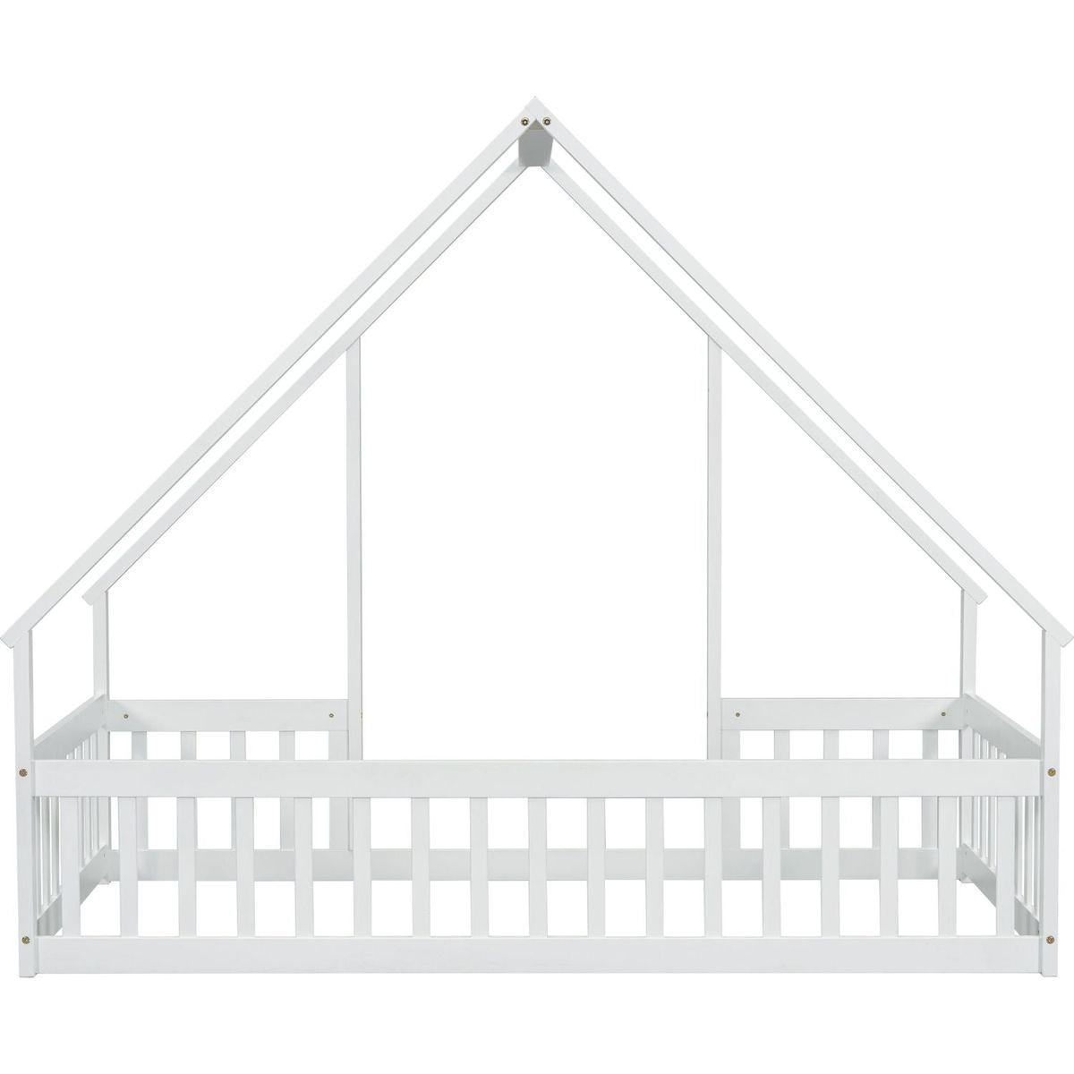 Twin Wood House-Shaped Floor Bed with Fence, Guardrails, White