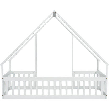 Twin Wood House-Shaped Floor Bed with Fence, Guardrails, White