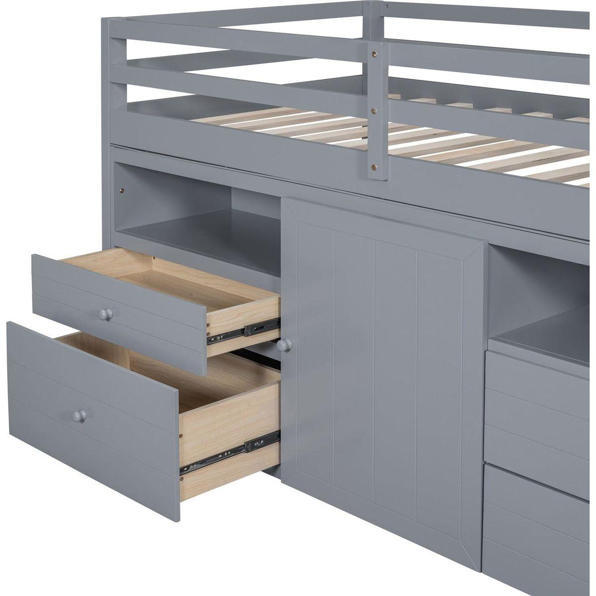 Twin Size Loft Bed with 4 Drawers, Underneath Cabinet and Shelves, Gray