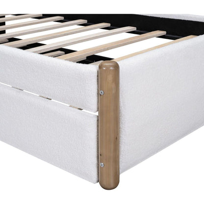 Twin Size Upholstered Platform Bed with Wood Supporting Feet and Twin Size Trundle, White