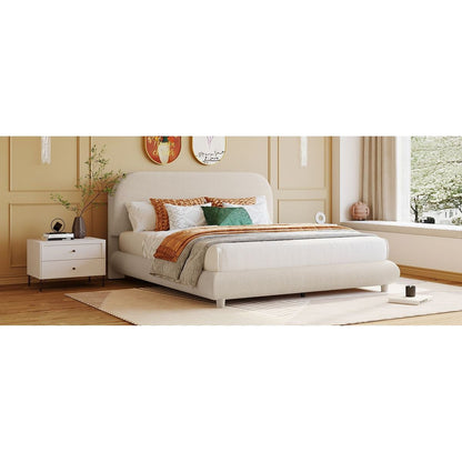 Teddy Fleece Queen Size Upholstered Platform Bed with Thick Fabric, Solid Frame and Stylish Curve-shaped Design, Beige