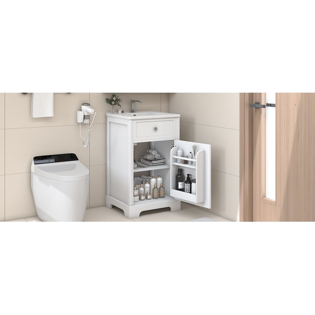 20" Bathroom Vanity with Sink, Bathroom Cabinet with Soft Closing Door, Storage Rack and Adjustable Shelve, White