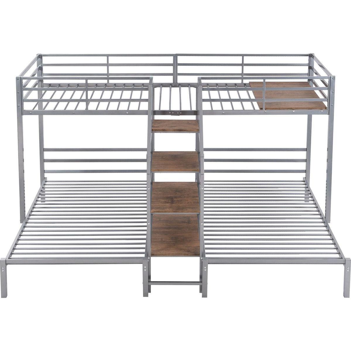 Metal Twin over Twin & Twin Bunk Bed, Triple Bunk Bed with Storage Shelves Staircase, Silver