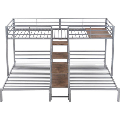 Metal Twin over Twin & Twin Bunk Bed, Triple Bunk Bed with Storage Shelves Staircase, Silver