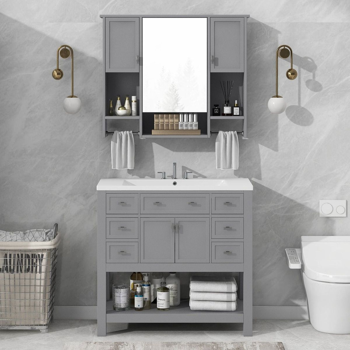 36" Bathroom Vanity with Top Sink, Modern Mirror Cabinet with Towels Bar, Bathroom Storage Cabinet with 2 Soft Closing Doors and 6 Drawers, Single Sink Bathroom Vanity