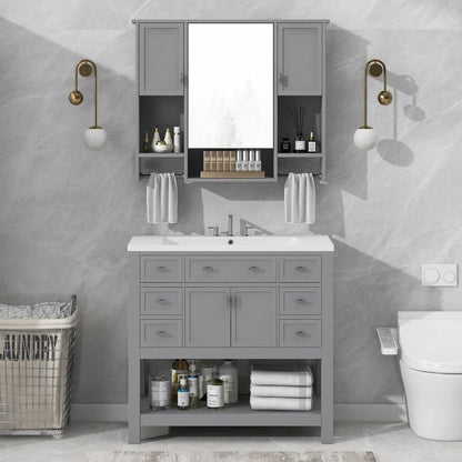 36" Bathroom Vanity with Top Sink, Modern Mirror Cabinet with Towels Bar, Bathroom Storage Cabinet with 2 Soft Closing Doors and 6 Drawers, Single Sink Bathroom Vanity