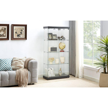 4-Tier Glass Display Cabinet, Double Door Glass Cabinet, Four Partitions, Two Locks, Floor Standing Storage Cabinet for Living Room, Bedroom, Showroom and Office, Black, 31.5"L x 14.2"W x 66.3"H