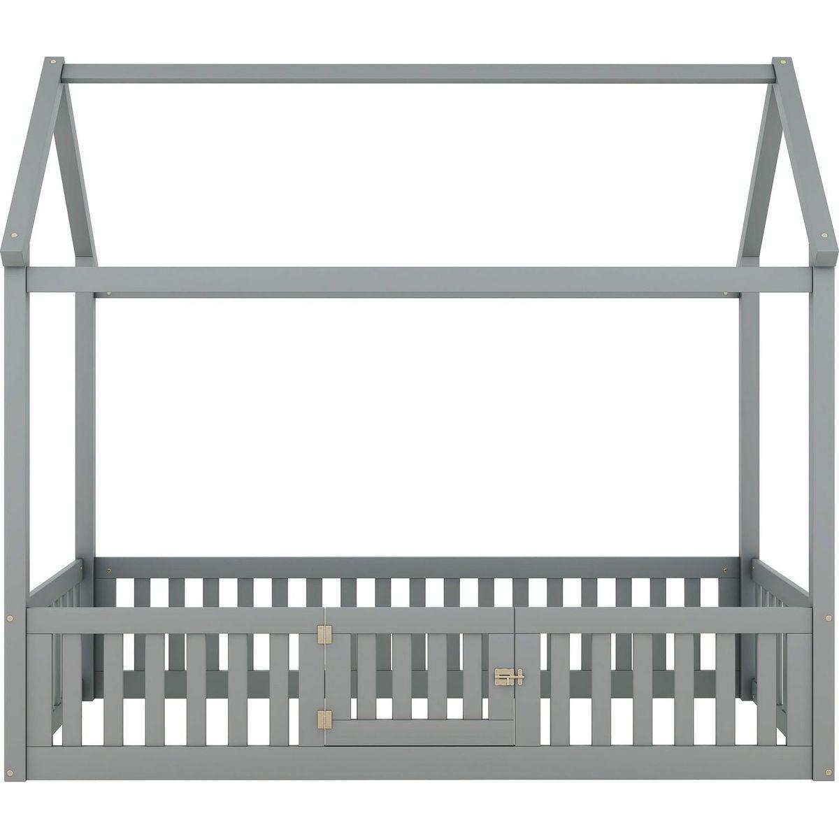 Twin Size Wood House Bed with Fence and Door, Gray