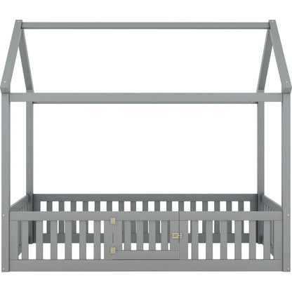 Twin Size Wood House Bed with Fence and Door, Gray