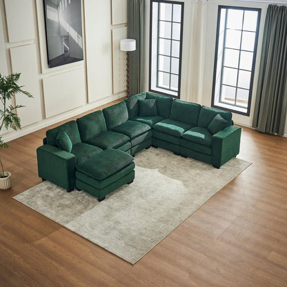 Modern U Shaped 6-seat Sectional Sofa Couch with one Ottoman and three toss pillows, Modular Sofa for Living Room,Corduroy sofa