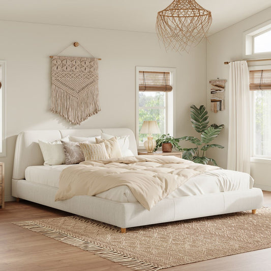 King Size Modern Upholstered Bed Frame with Linen Fabric and Solid Wood Legs, White