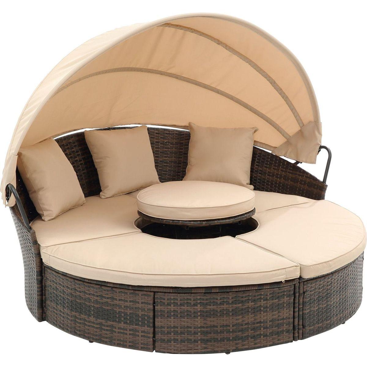 Hot Sale KD Rattan Round Lounge With Canopy Bali Canopy Bed Outdoor, Wicker Outdoor Sofa Bed with lift coffee table