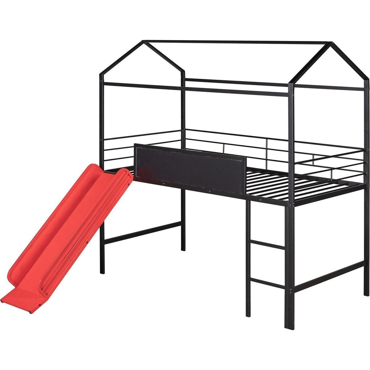 Metal House Bed With Slide, Twin Size Metal Loft Bed with Two-sided writable Wooden Board (Black and Red)
