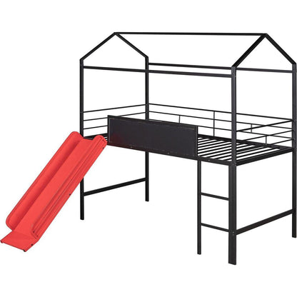 Metal House Bed With Slide, Twin Size Metal Loft Bed with Two-sided writable Wooden Board (Black and Red)