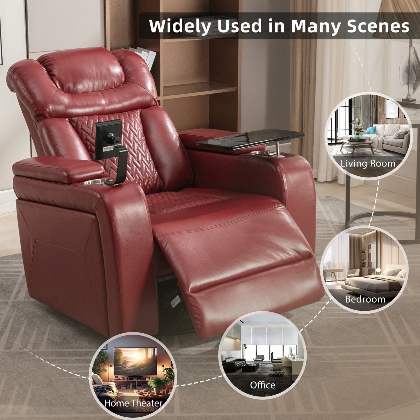 270 Degree Swivel PU Leather Power Recliner Individual Seat Home Theater Recliner with Comforable Backrest, Tray Table, Phone Holder, Cup Holder, USB Port, Hidden Arm Storage for Living Room, Red