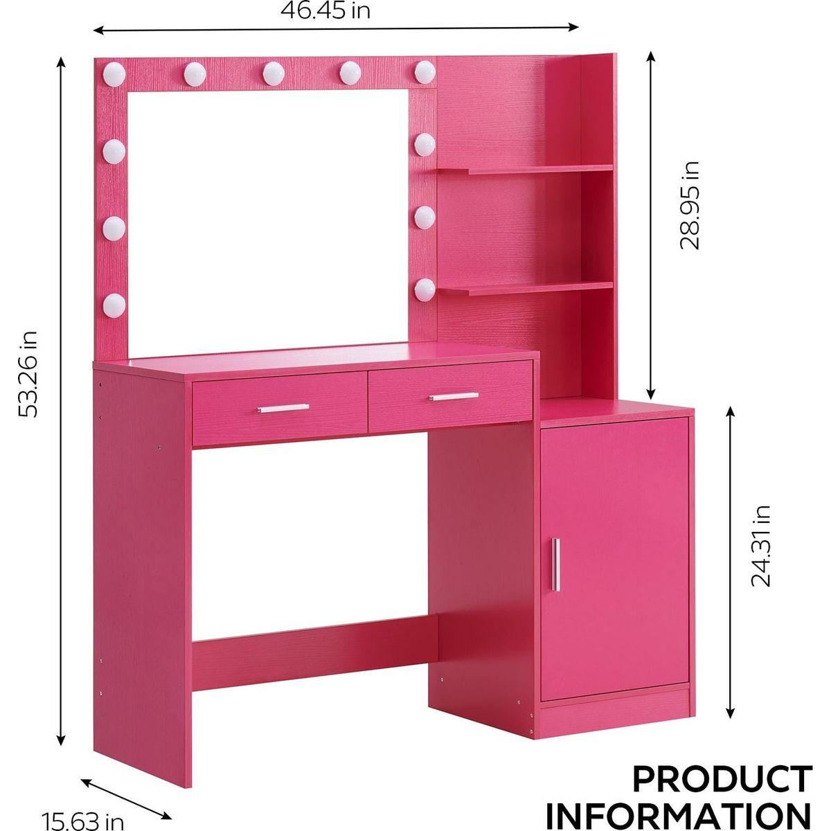 Vanity Desk with Mirror and Lights, 46.4IN Dressing Table with 2 Large Drawer&Large Vertical Organizer, 3 Level Dresser & 3 Lighting Modes Adjustable Brightness, Suitable for Bedroom(Rose Pink)
