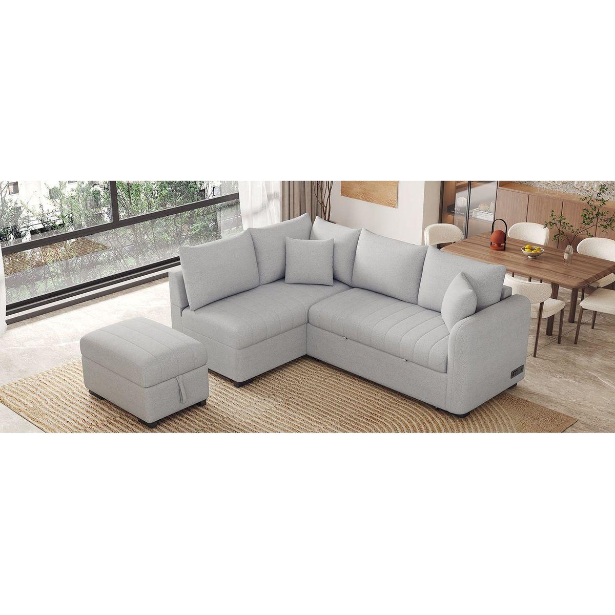 82.6" L-shaped Sectional Pull Out Sofa Bed Sleeper Sofa with Two USB Ports, Two Power Sockets and a Movable Storage Ottoman, Gray