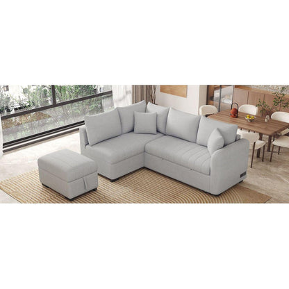 82.6" L-shaped Sectional Pull Out Sofa Bed Sleeper Sofa with Two USB Ports, Two Power Sockets and a Movable Storage Ottoman, Gray