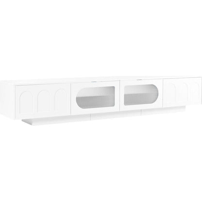 TV Stand with Fluted tempered Glass Doors for TVs Up to 95", Functional Media Console with Arched Cabinet Doors, Entertainment Center with APP-Controlled LED Light for Living Room, White