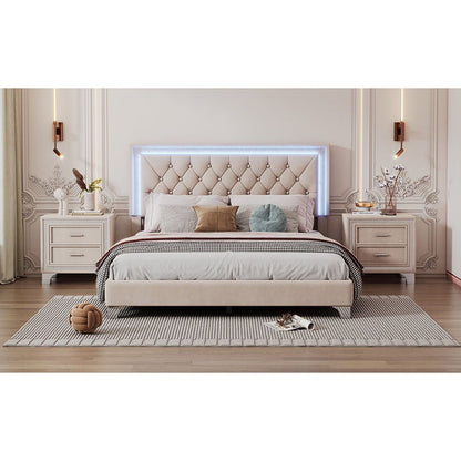 3-Pieces Bedroom Sets,Queen Size Upholstered Platform Bed with LED Lights and Two Nightstands-Beige