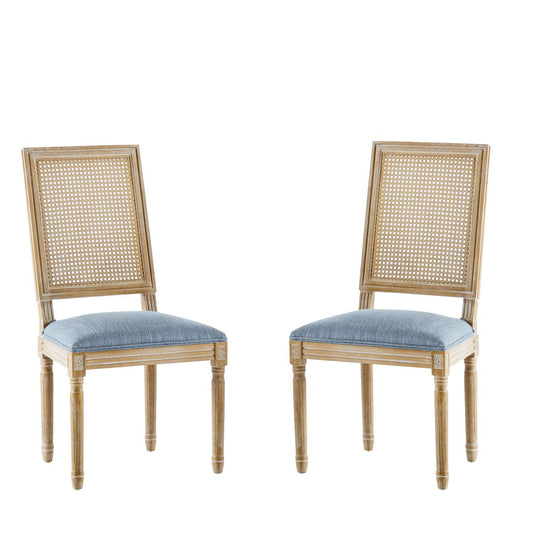 Set of 2 French Country Dining Chairs with Elegant Cane Backrest & Upholstered Seats in Slate Blue, Solid Rubberwood Frame