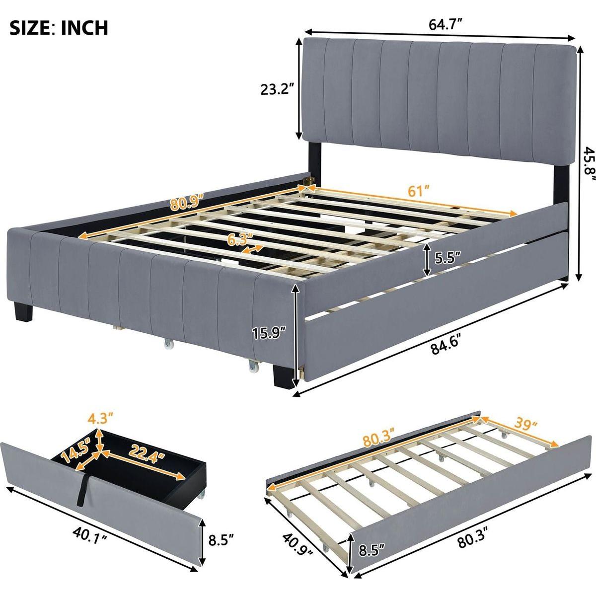 Queen Size Velvet Upholstered Platform Bed with 2 Drawers and 1 Twin XL Trundle- Gray - Streamdale Furniture
