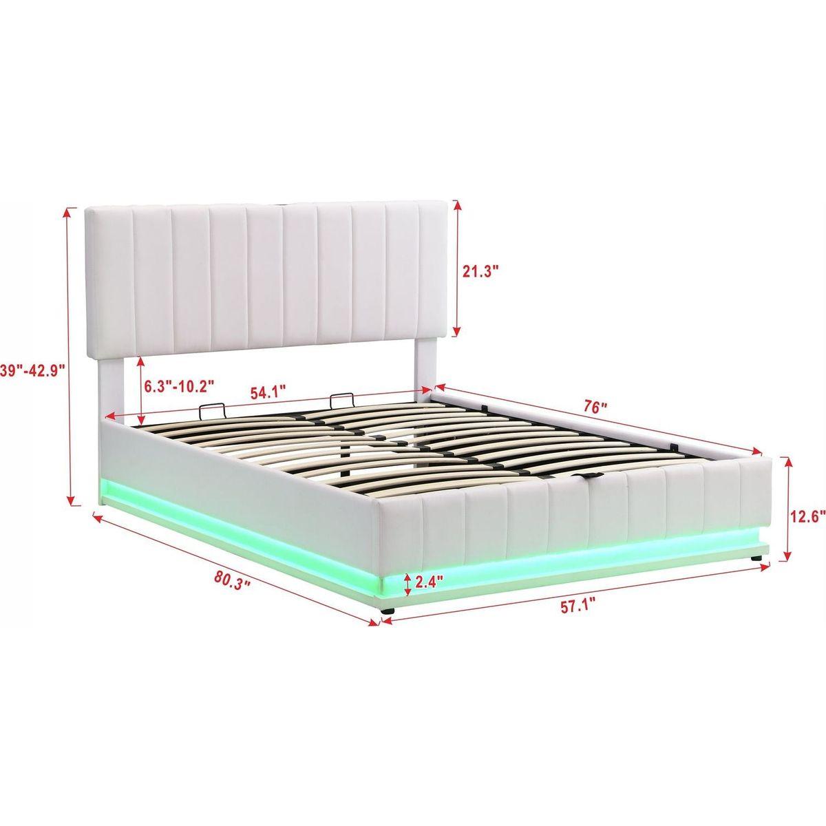 Full Size Upholstered Bed with Hydraulic Storage System and LED Light, Modern Platform Bed with Sockets and USB Ports, White