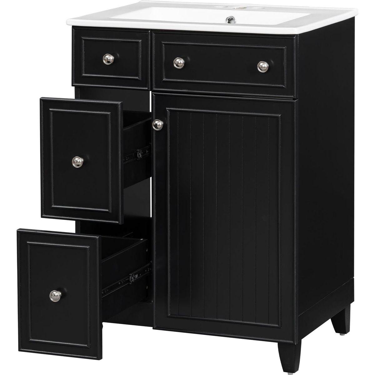 24-Inch Bathroom Vanity Cabinet with Ceramic Sink, 2 Drawers, 1 Door