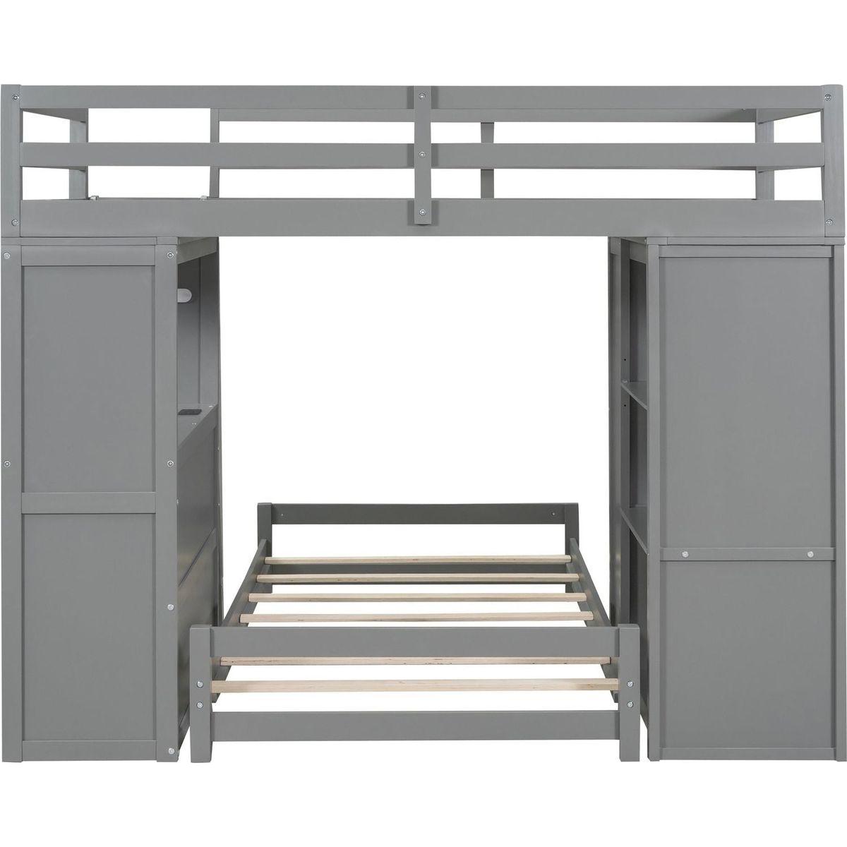 Twin over Twin Bunk Bed with LED Light and USB Ports, Gray