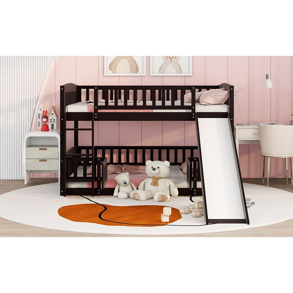 Bunk Bed with Slide,Full Over Full Low Bunk Bed with Fence and Ladder for Toddler Kids Teens Espresso