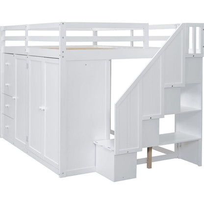 Full Size Wood Loft Bed With Built-in Wardrobes, Cabinets and Drawers, White