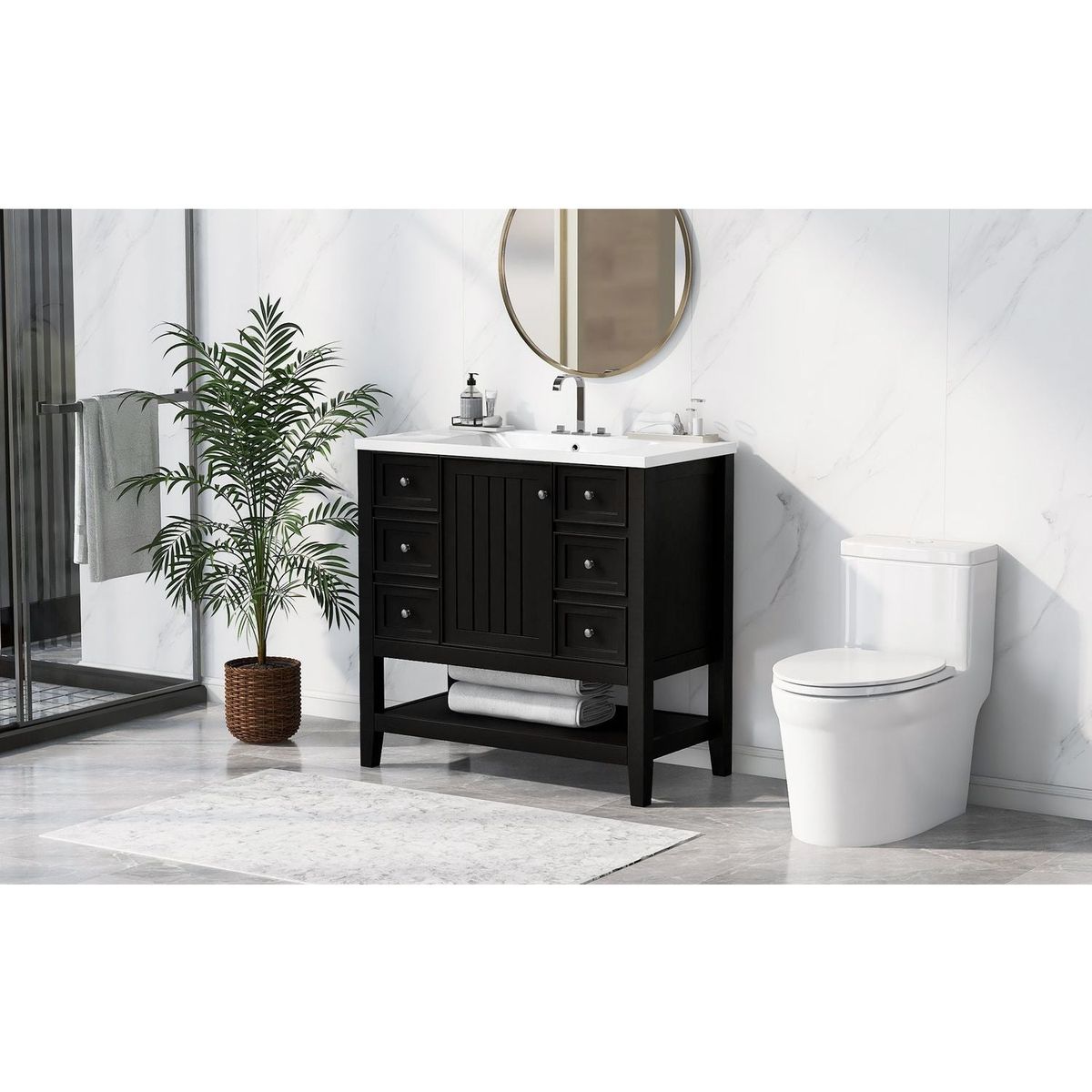 36" Bathroom Vanity with Sink Combo, One Cabinet and Three Drawers, Solid Wood and MDF Board, Black