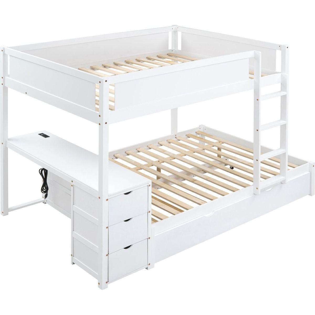 Full-Over-Full Bunk Bed with Twin size Trundle, Storage and Desk, White