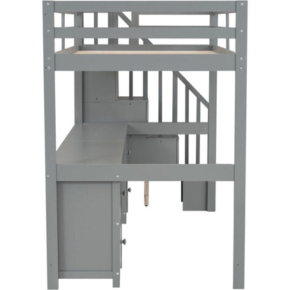 Twin Size Loft Bed Frame with Built-in Desk and Double Storage Drawers,Gray