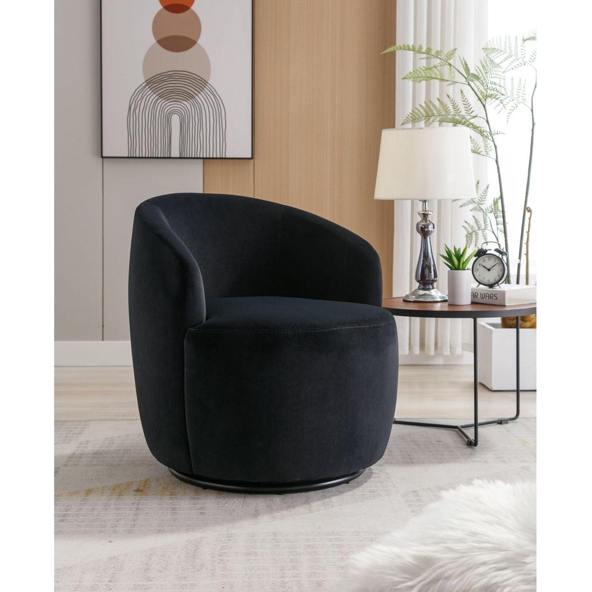 Velvet Fabric Swivel Accent Armchair Barrel Chair With Black Powder Coating Metal Ring,Black