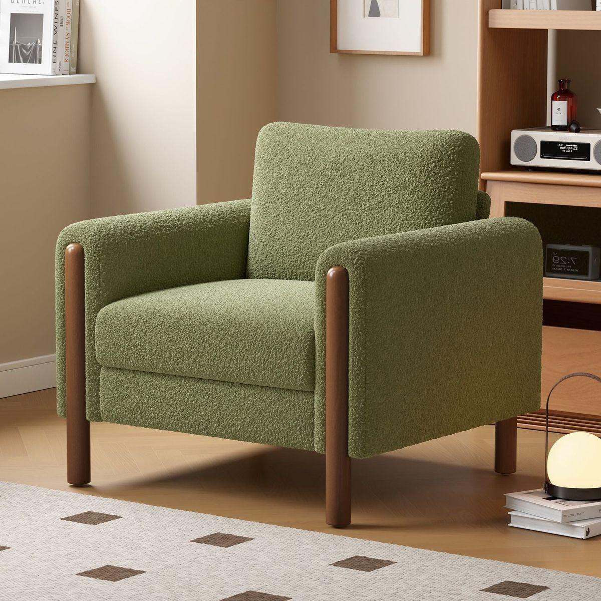 Oversized Accent Chair, Upholstered Living Room Chairs Single Sofa Chair with Walnut Legs, Curved handrail, Green