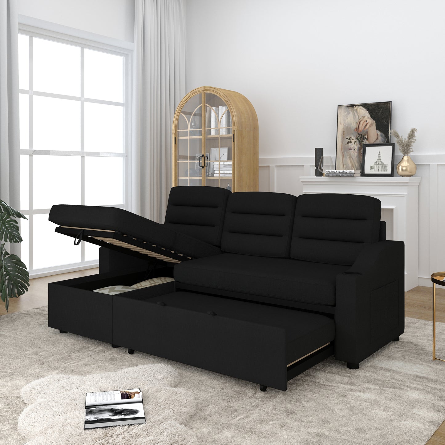 83.5" Convertible Sleeper Combo Sofa, Convertible Sofa Bed Polyester Pullout Bed with Storage Recliner and Cup Holder for Living Room, Tight Spaces