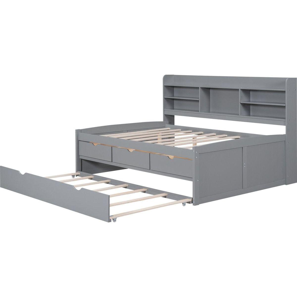 Full Size Wooden Captain Bed with Built-in Bookshelves,Three Storage Drawers and Trundle,Light Grey