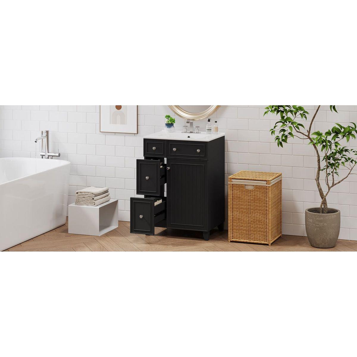 24-Inch Bathroom Vanity Cabinet with Ceramic Sink, 2 Drawers, 1 Door