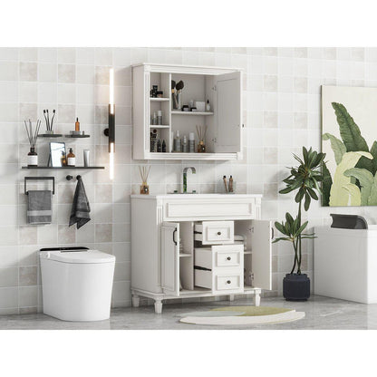 36" Bathroom Vanity with Top Sink, White Mirror Cabinet, Modern Bathroom Storage Cabinet with 2 Soft Closing Doors and 2 Drawers, Single Sink Bathroom Vanity