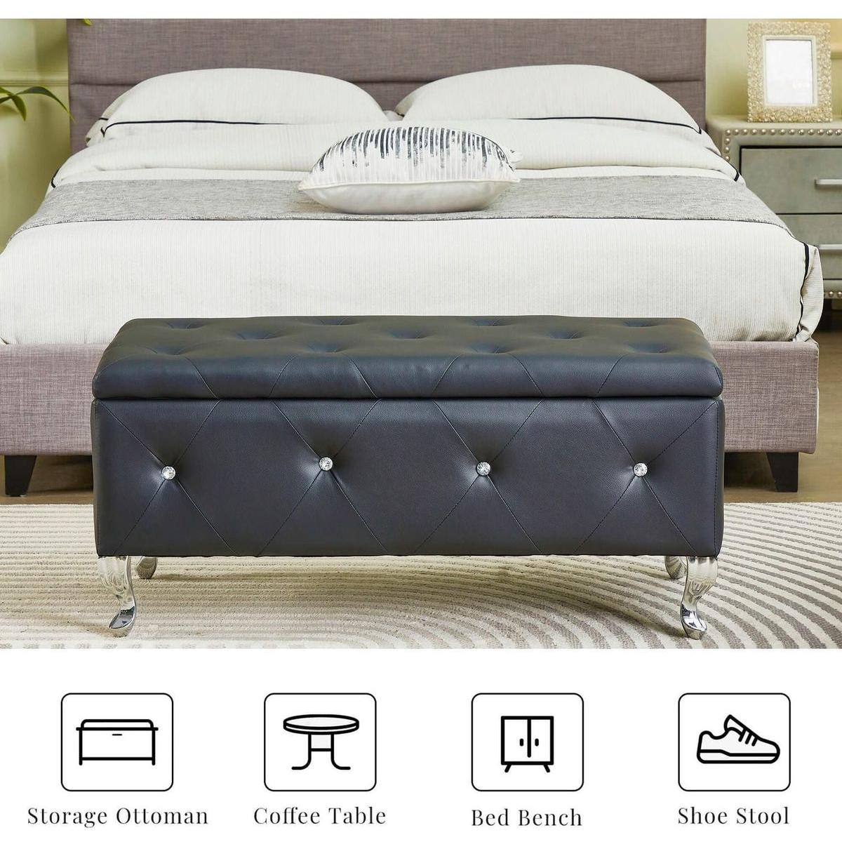 Upholstered Storage Ottoman Bench For Bedroom End Of Bed Faux Leather Rectangular Storage Benches Footrest With Crystal Buttons For Living Room Entryway (Black)