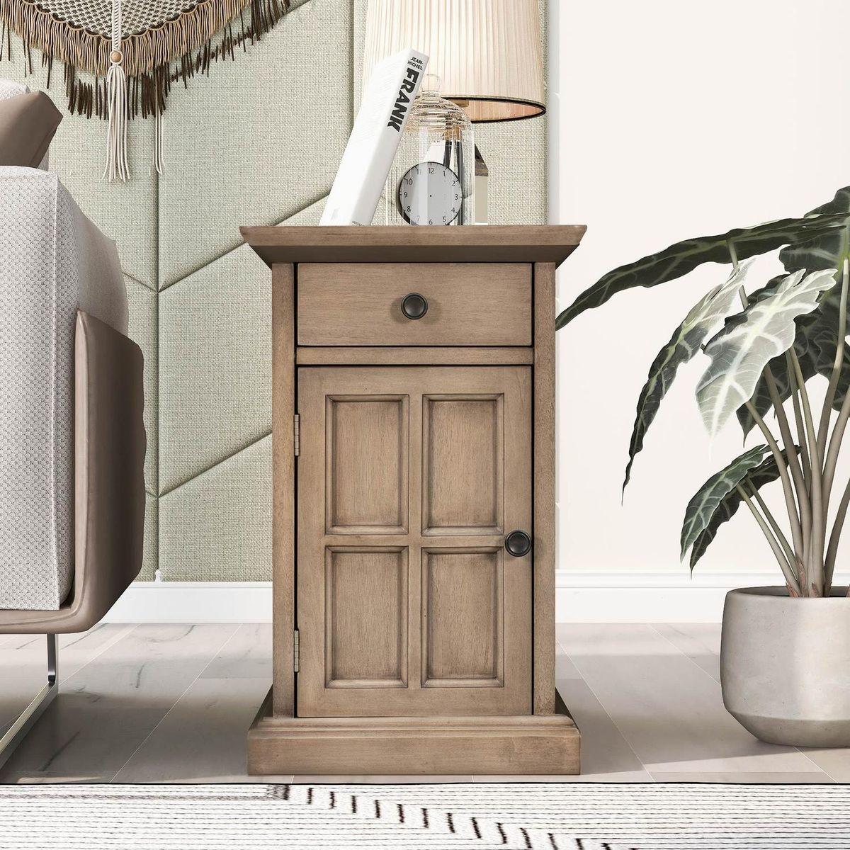 Classic Vintage Livingroom End Table Side Table with USB Ports and One Multifunctional Drawer with cup holders, Antique Brown