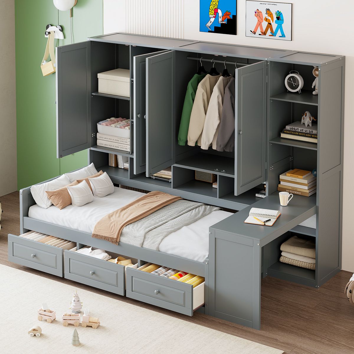 Twin Size Wooden Daybed With Three Drawers, and All-in-One Cabinet, Desk and Shelves, Gray