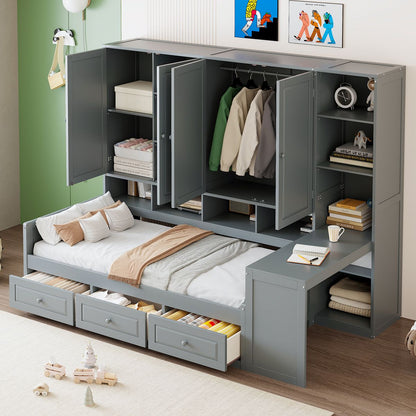 Twin Size Wooden Daybed With Three Drawers, and All-in-One Cabinet, Desk and Shelves, Gray