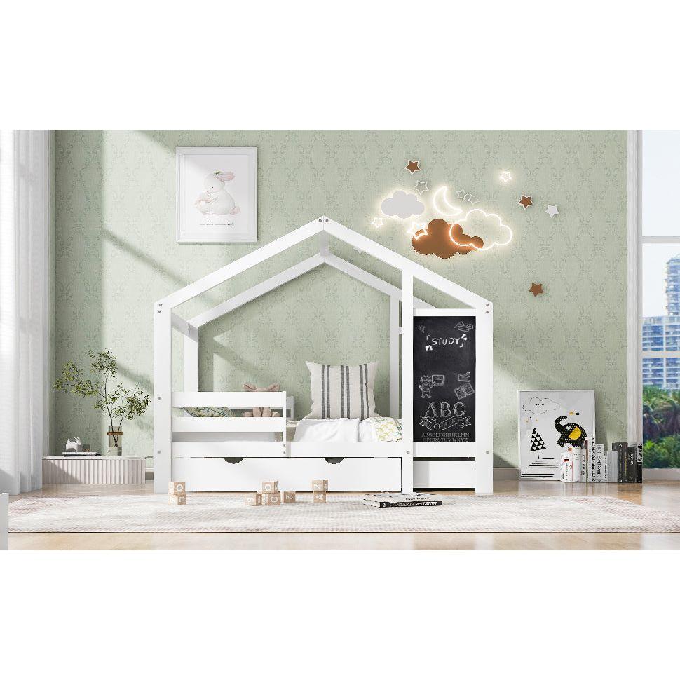 Twin House Bed with Blackboard and Drawers, Two assembly options, White